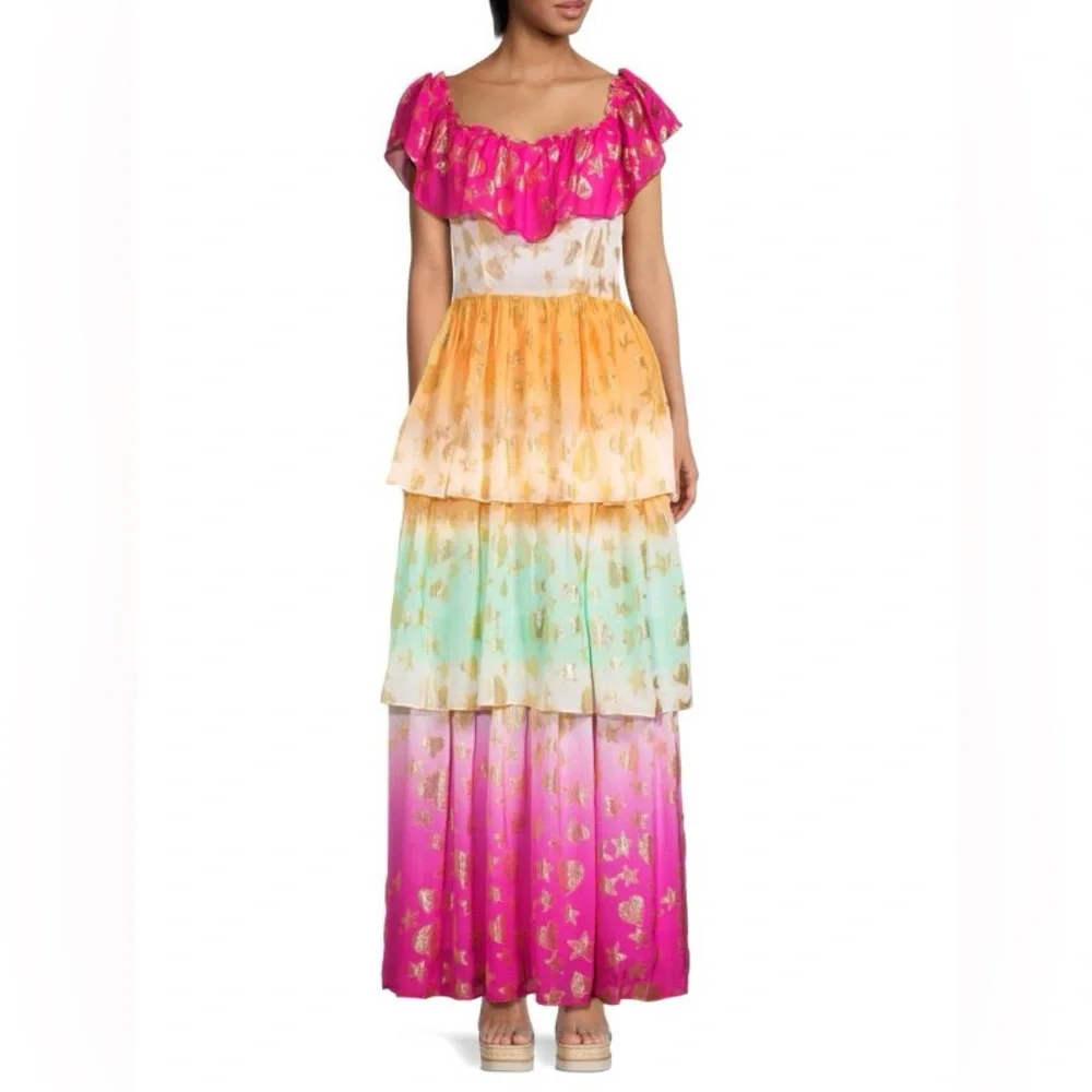 LOVESHACKFANCY Vynne Ombré Tiered Maxi Dress Star Print SZ 4 - Picture 2 of 8